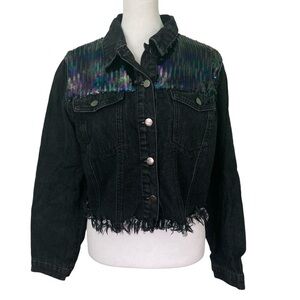 Le Lis Shimmer and Shine Black Sequined Cropped Denim Jacket Fringe Hem (Size L)